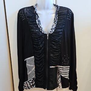 Black Mixed-Print Zip Front Cardigan with Stud Accents